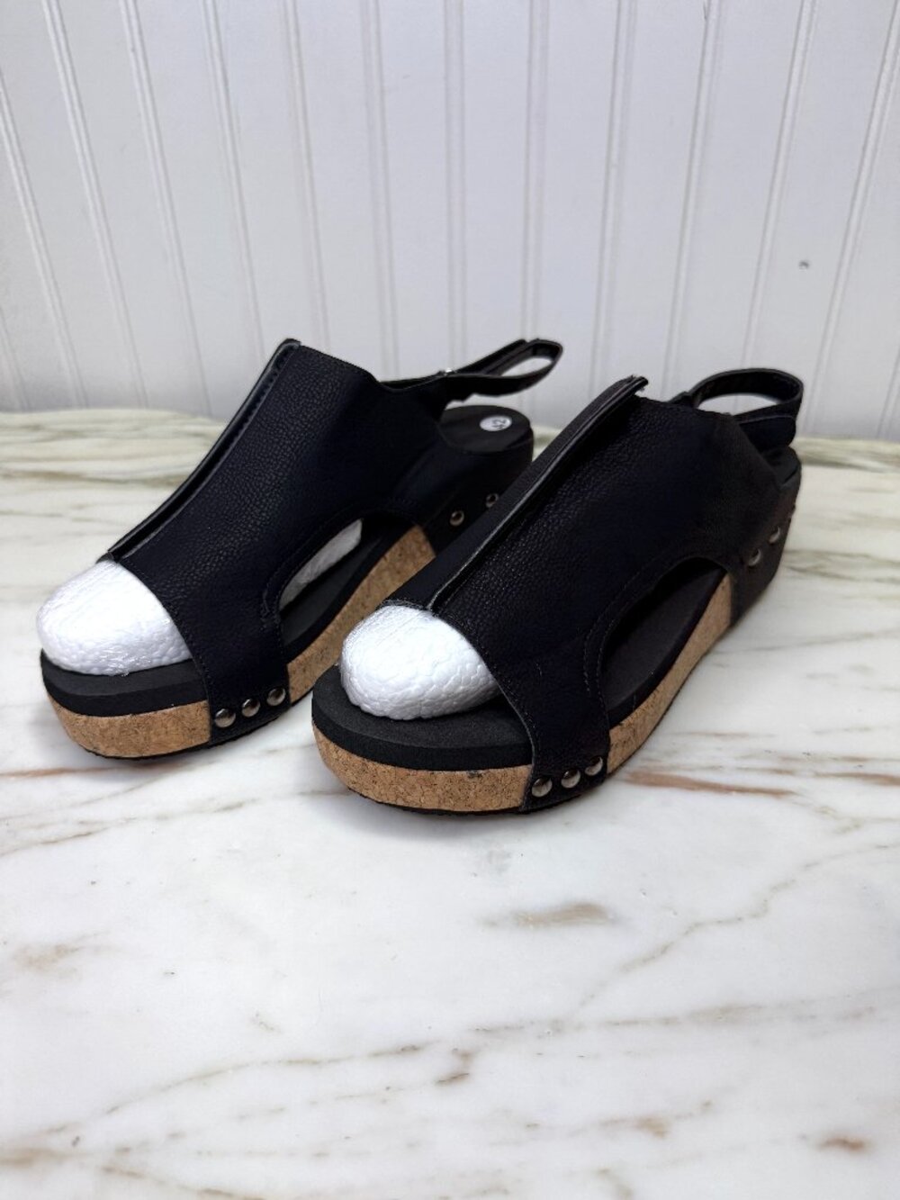 Orthopedic Wedge Sandals in Black Studded Slingback Cork